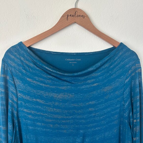 Coldwater Creek Top Womens Large Blue Metallic Striped Swoop Neck Shirt L - Picture 2 of 7